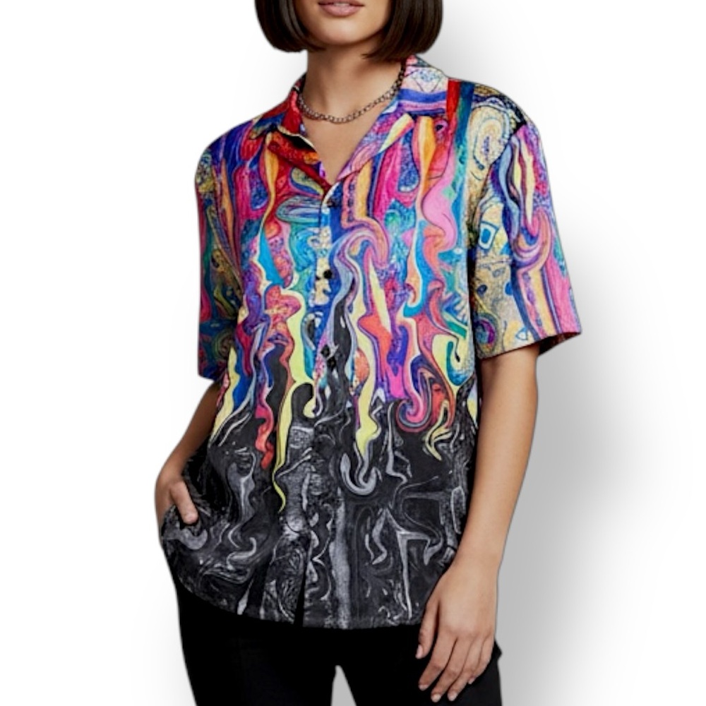 Unisex multicolored abstract print button-up shirt